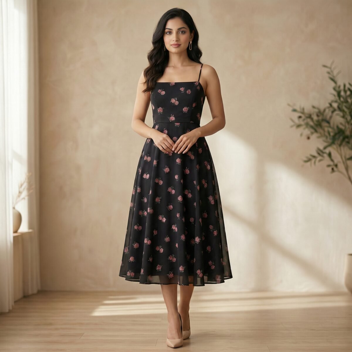 Black Floral Print Crepe Midi Dress – Square Neck Fit & Flare - Image 2