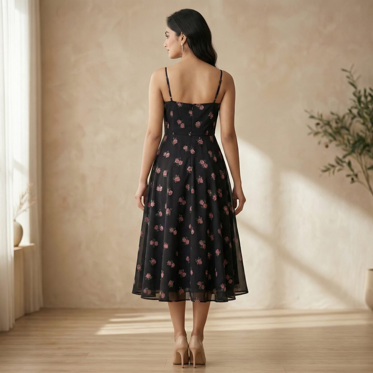 Black Floral Print Crepe Midi Dress – Square Neck Fit & Flare - Image 3