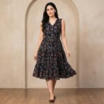Navy Floral Sleeveless Midi Dress – V-Neck Fit & Flare