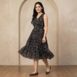 Navy Floral Sleeveless Midi Dress – V-Neck Fit & Flare - Image 4