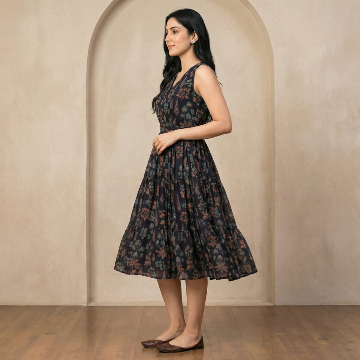 Navy Floral Sleeveless Midi Dress – V-Neck Fit & Flare - Image 2