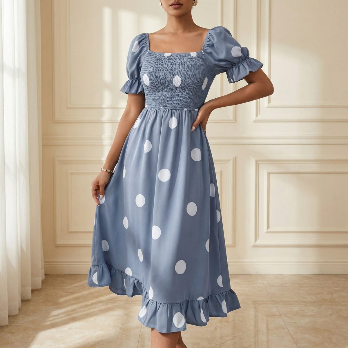 Dusty Blue Polka Dot Smocked Midi Dress with Puff Sleeves - Image 3