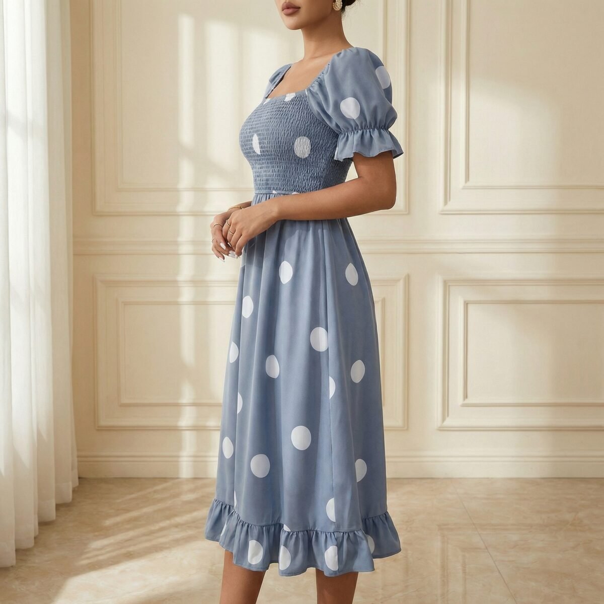 Dusty Blue Polka Dot Smocked Midi Dress with Puff Sleeves - Image 4