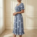 Dusty Blue Polka Dot Smocked Midi Dress with Puff Sleeves - Image 4
