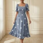 Dusty Blue Polka Dot Smocked Midi Dress with Puff Sleeves