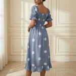 Dusty Blue Polka Dot Smocked Midi Dress with Puff Sleeves - Image 2