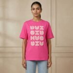 Hot Pink Geometric Embroidered Cotton T-Shirt for Girls & Women