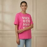 Hot Pink Geometric Embroidered Cotton T-Shirt for Girls & Women - Image 4
