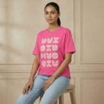 Hot Pink Geometric Embroidered Cotton T-Shirt for Girls & Women - Image 2
