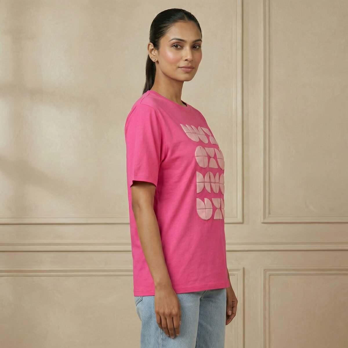 Hot Pink Geometric Embroidered Cotton T-Shirt for Girls & Women - Image 3