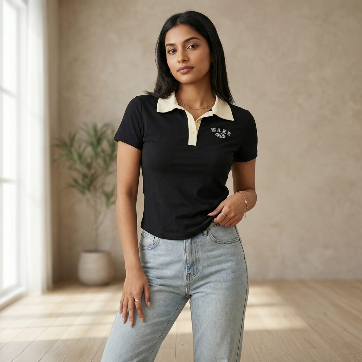 Women’s Black Contrast Collar Polo T-Shirt with WAKE Embroidery - Image 3