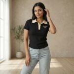 Women’s Black Contrast Collar Polo T-Shirt with WAKE Embroidery - Image 2