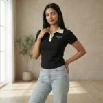 Women’s Black Contrast Collar Polo T-Shirt with WAKE Embroidery - Image 4