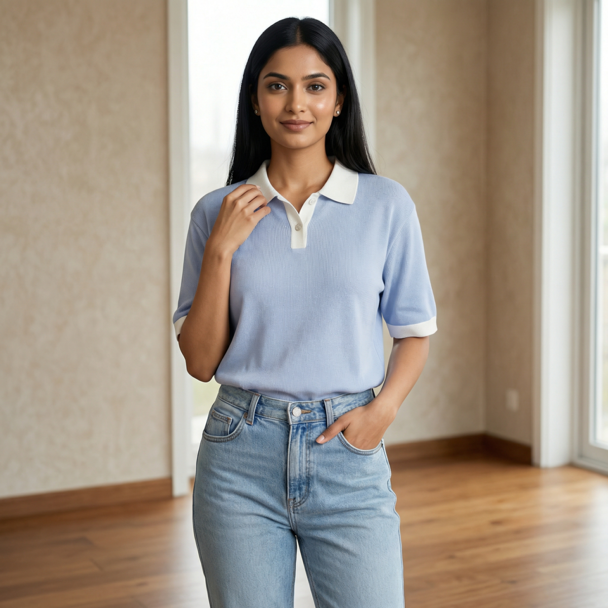 Sky Blue Contrast Collar Polo T-Shirt for Girls - Image 4