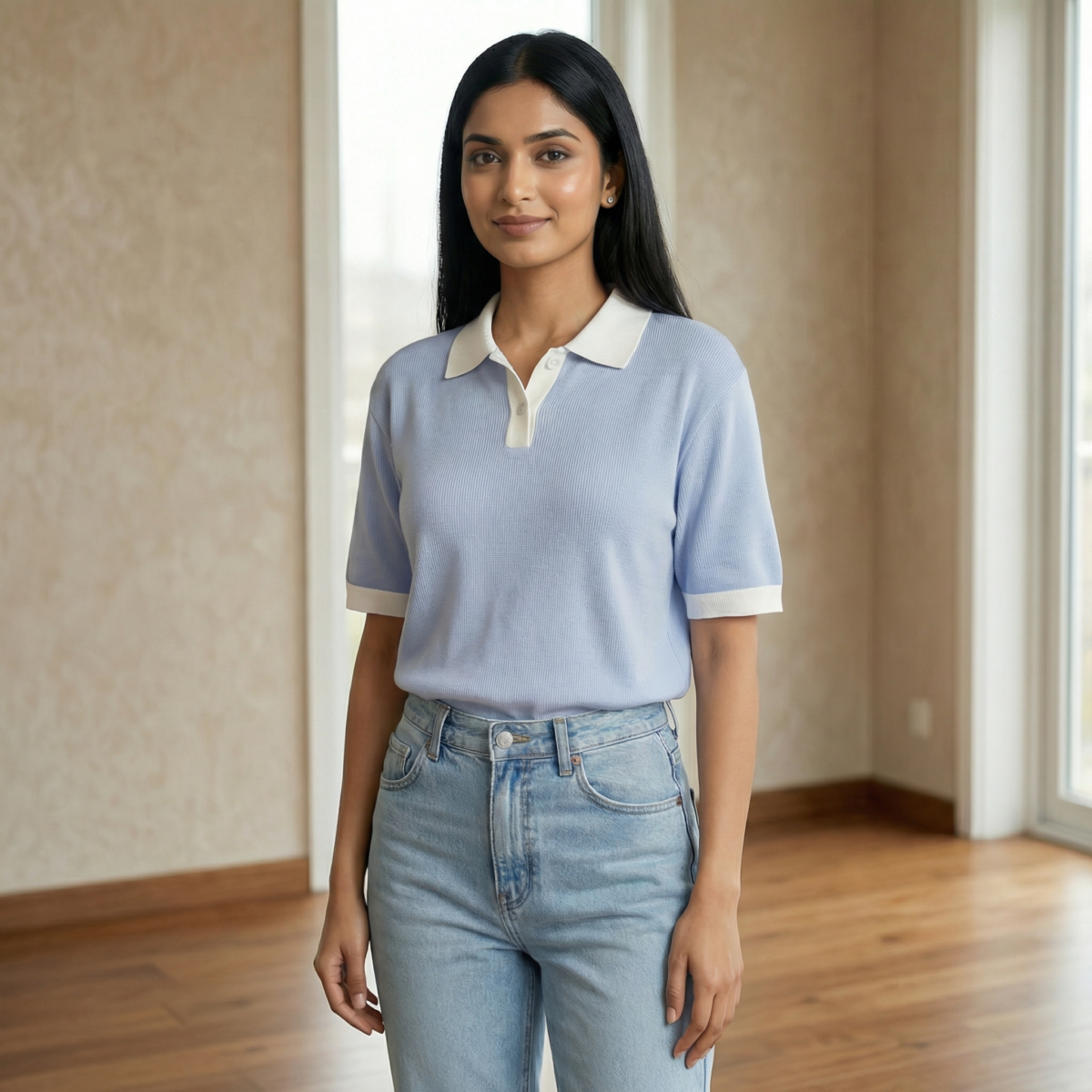 Sky Blue Contrast Collar Polo T-Shirt for Girls - Image 3