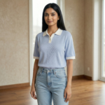 Sky Blue Contrast Collar Polo T-Shirt for Girls - Image 3