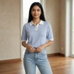 Sky Blue Contrast Collar Polo T-Shirt for Girls