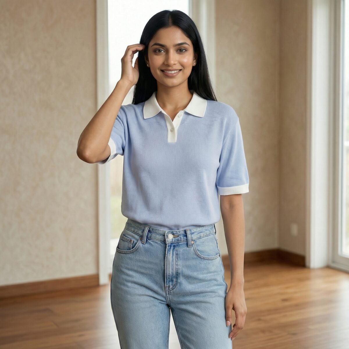 Sky Blue Contrast Collar Polo T-Shirt for Girls - Image 2