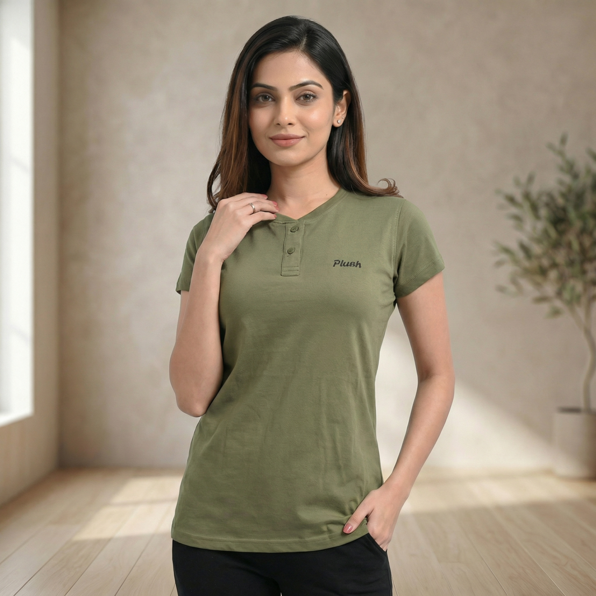 Olive Green Cotton Henley T-Shirt with Embroidered Logo - Image 3