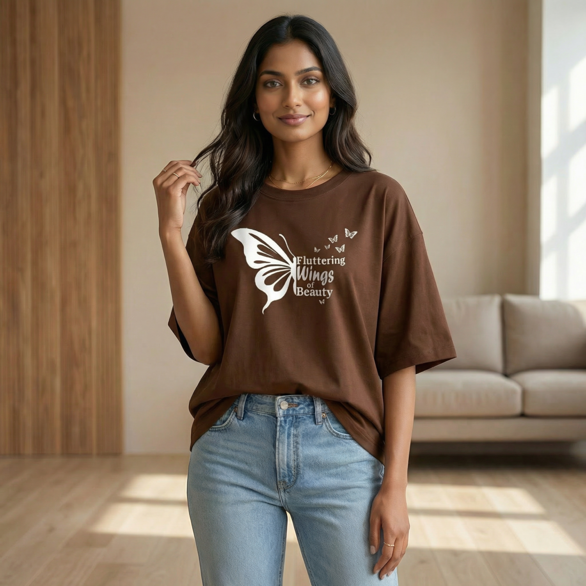 Fluttering Wings of Beauty Oversized Brown Cotton T-Shirt for Women - Image 2