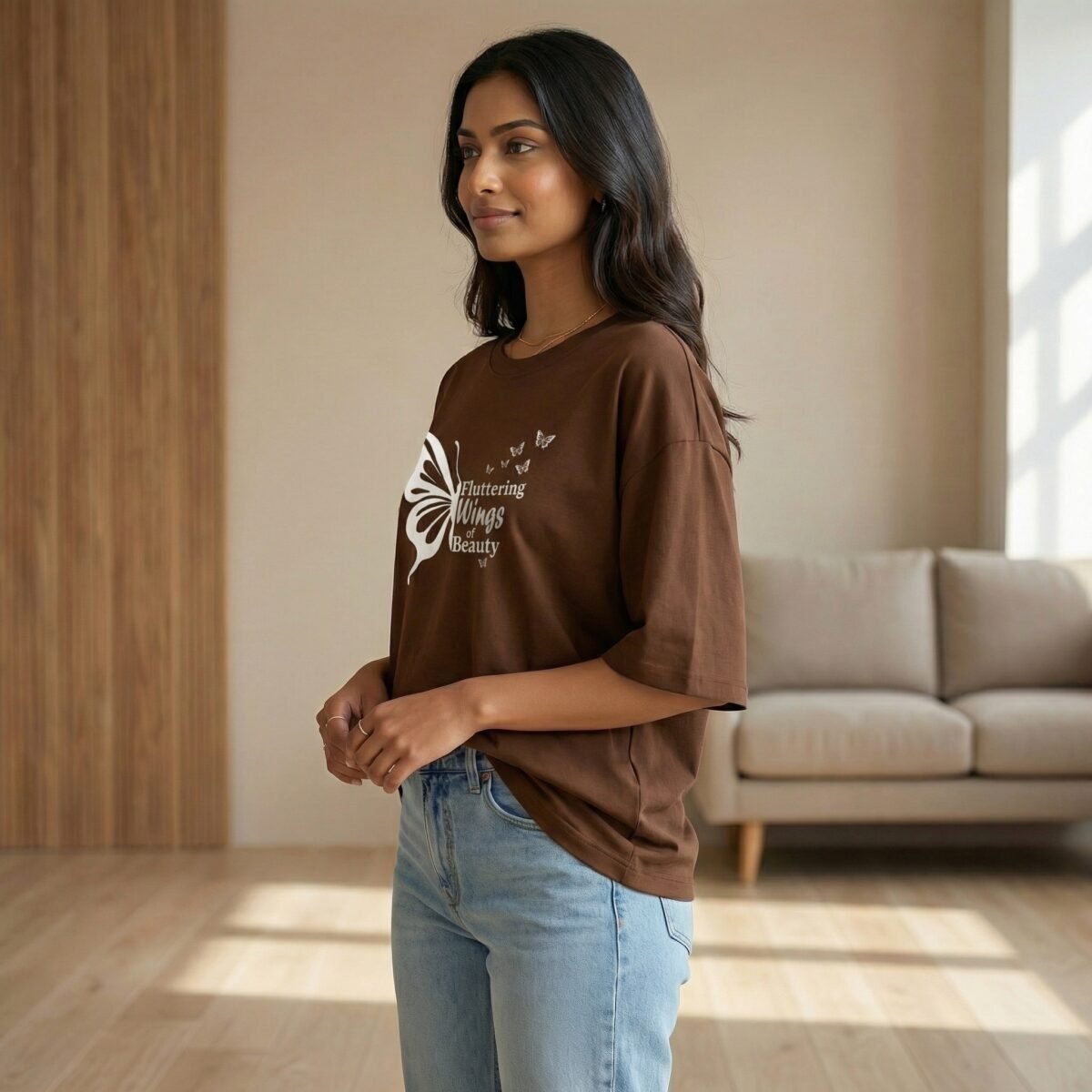 Fluttering Wings of Beauty Oversized Brown Cotton T-Shirt for Women - Image 4