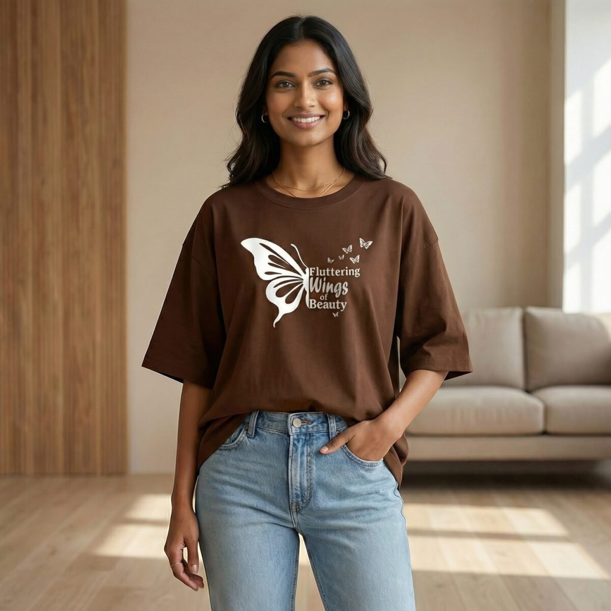 Fluttering Wings of Beauty Oversized Brown Cotton T-Shirt for Women - Image 3