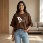 Fluttering Wings of Beauty Oversized Brown Cotton T-Shirt for Women - Image 3