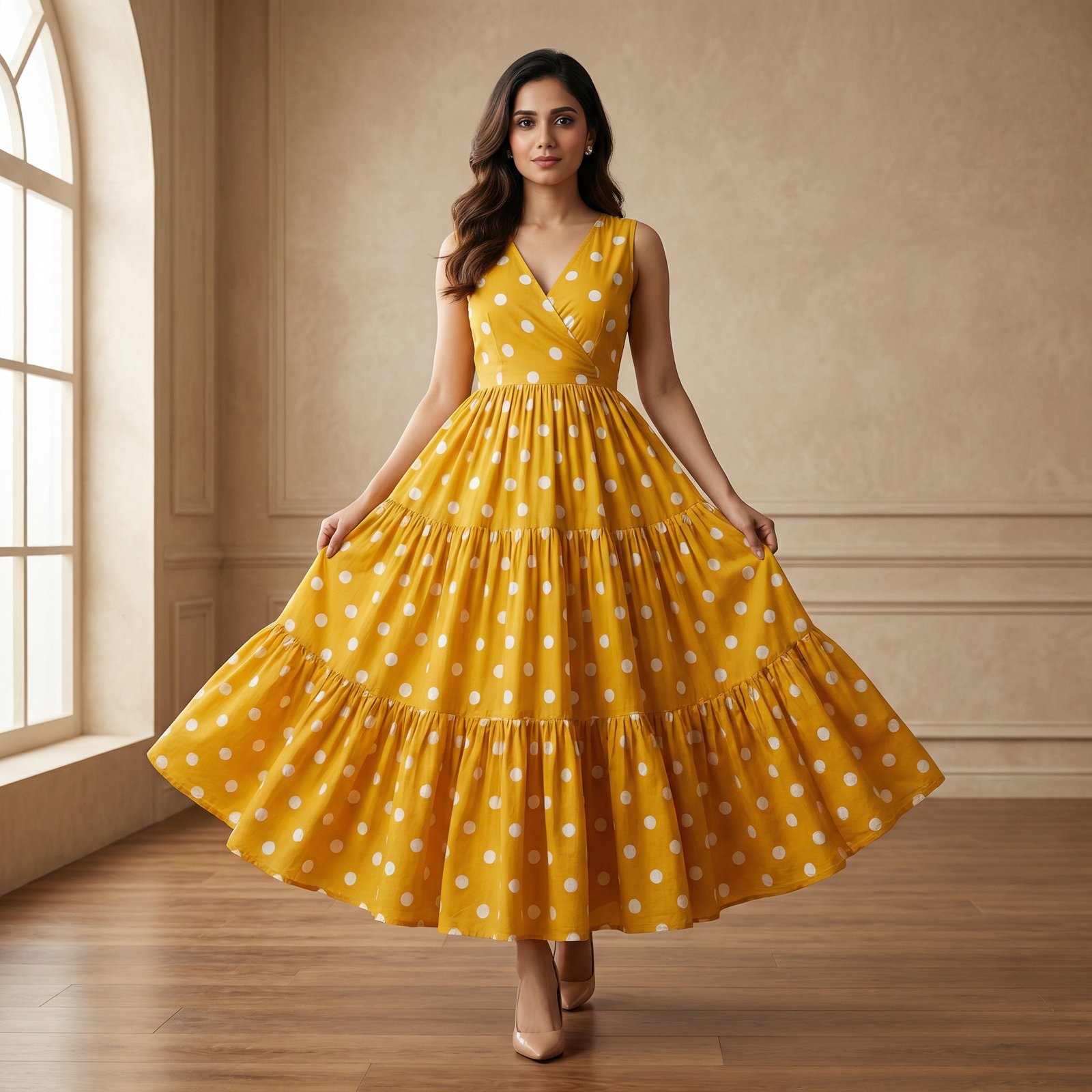 hf_20260225_092910_21c87dae-9d77-48e9-b513-f6859c0ec888 Mustard Yellow Polka Dot Midi Gown – Sleeveless Flowy Dress - Image 1
