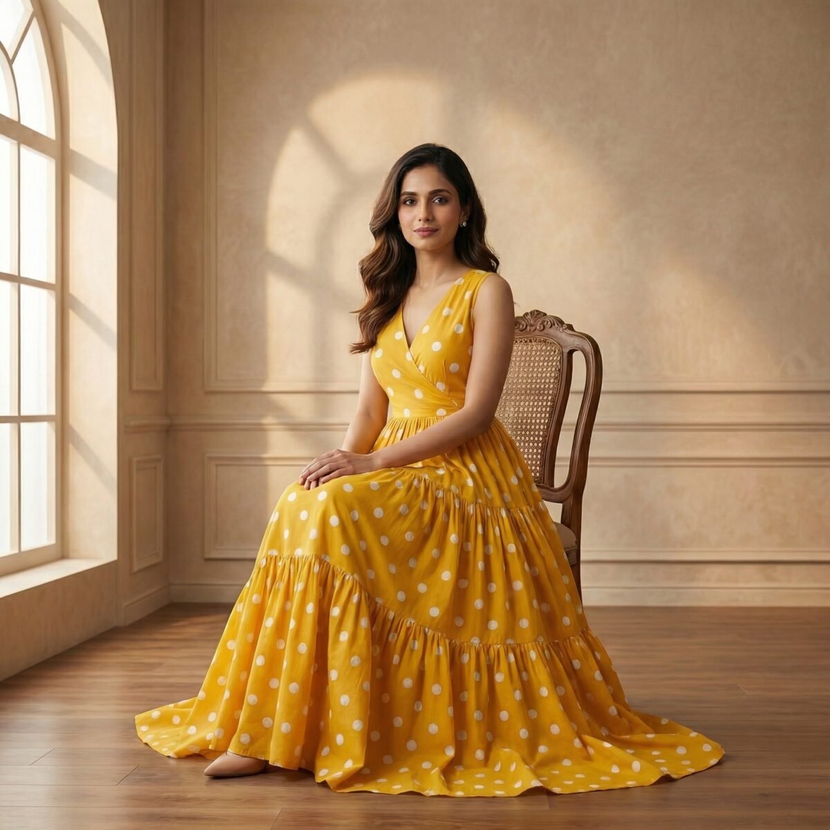 Mustard Yellow Polka Dot Midi Gown – Sleeveless Flowy Dress - Image 2