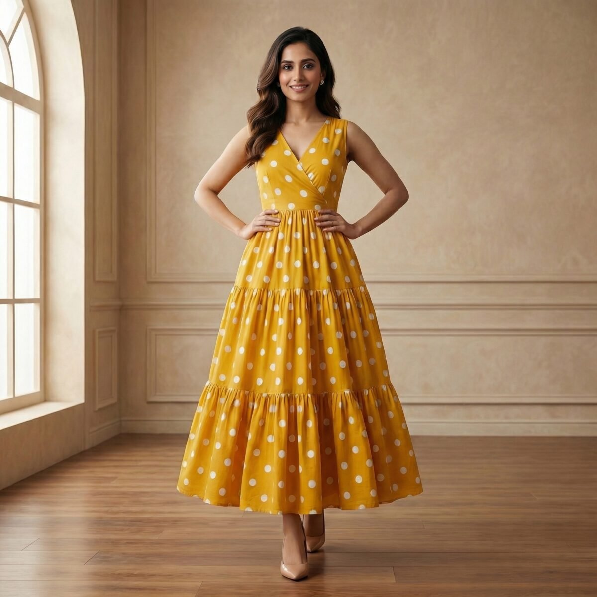Mustard Yellow Polka Dot Midi Gown – Sleeveless Flowy Dress - Image 3