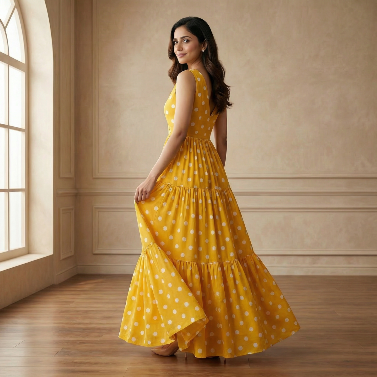 Mustard Yellow Polka Dot Midi Gown – Sleeveless Flowy Dress - Image 4