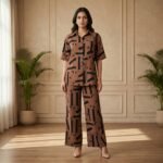 Brown Geometric Print Co-Ord Set for Women – Casual Shirt & Wide Leg Pant Set