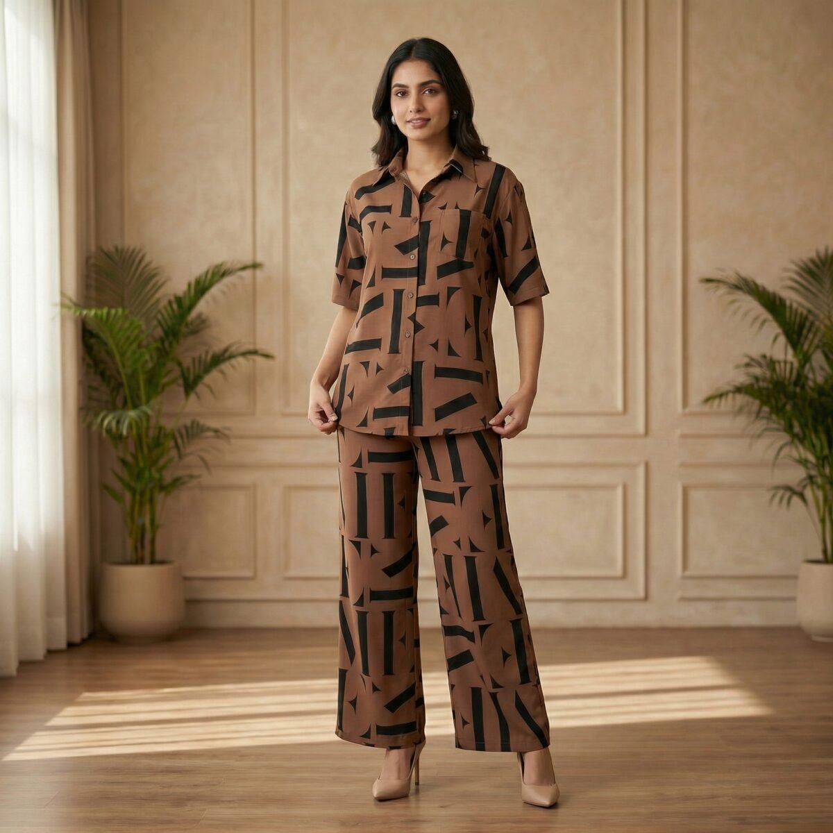 Brown Geometric Print Co-Ord Set for Women – Casual Shirt & Wide Leg Pant Set - Image 2