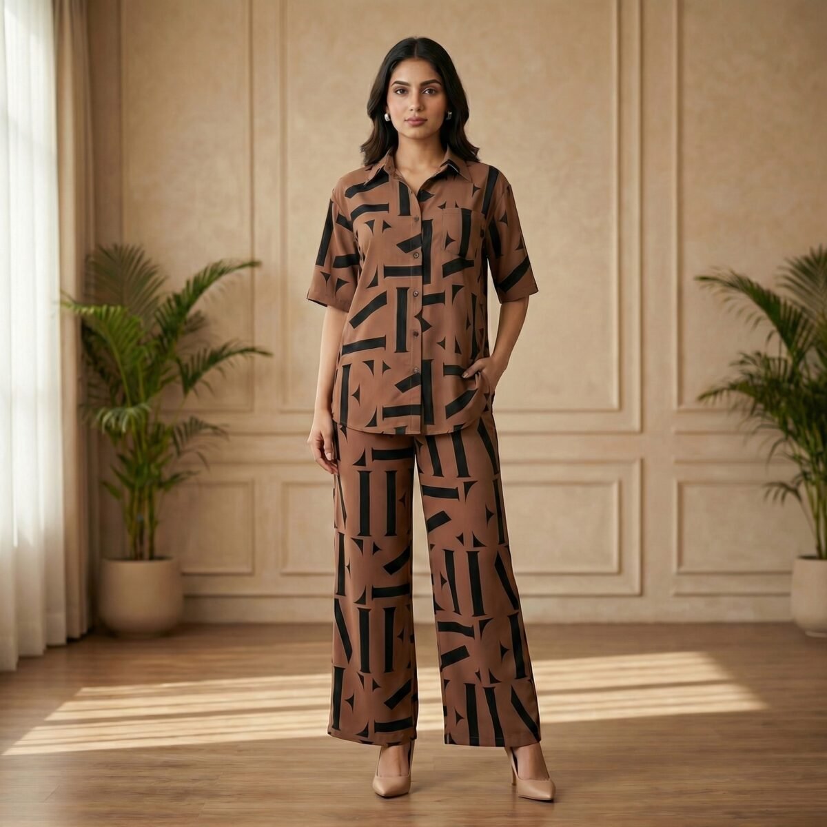 Brown Geometric Print Co-Ord Set for Women – Casual Shirt & Wide Leg Pant Set - Image 4