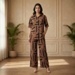 Brown Geometric Print Co-Ord Set for Women – Casual Shirt & Wide Leg Pant Set - Image 4