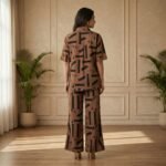Brown Geometric Print Co-Ord Set for Women – Casual Shirt & Wide Leg Pant Set - Image 3