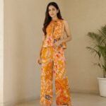 Saffron Orange Floral Sleeveless Top & Wide-Leg Pants Co-Ord Set