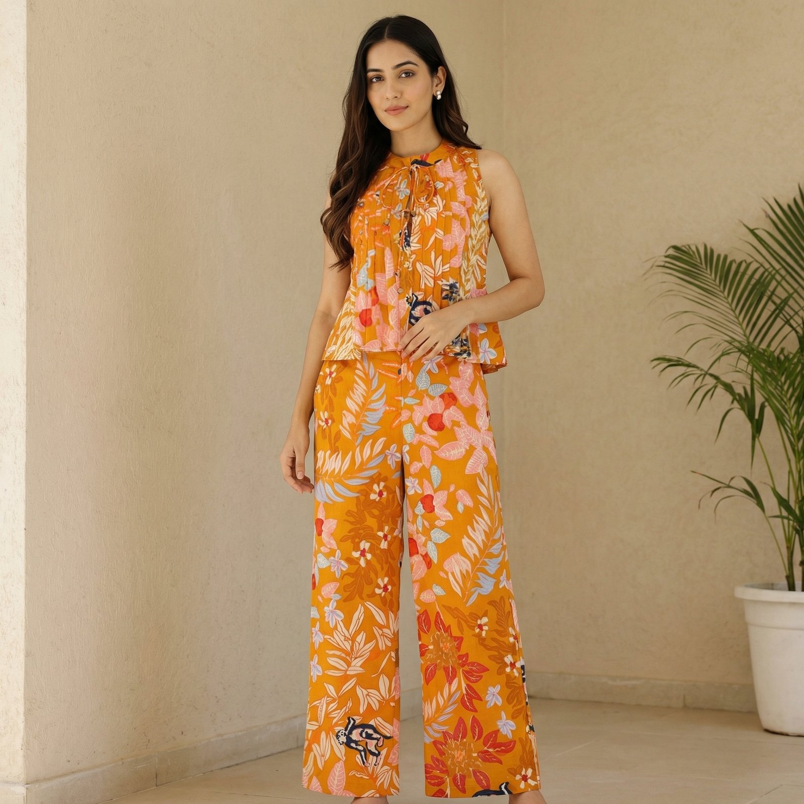hf_20260226_031500_3542c94d-ad5f-4ee1-8ad9-07df81771241 Saffron Orange Floral Sleeveless Top & Wide-Leg Pants Co-Ord Set - Image 1
