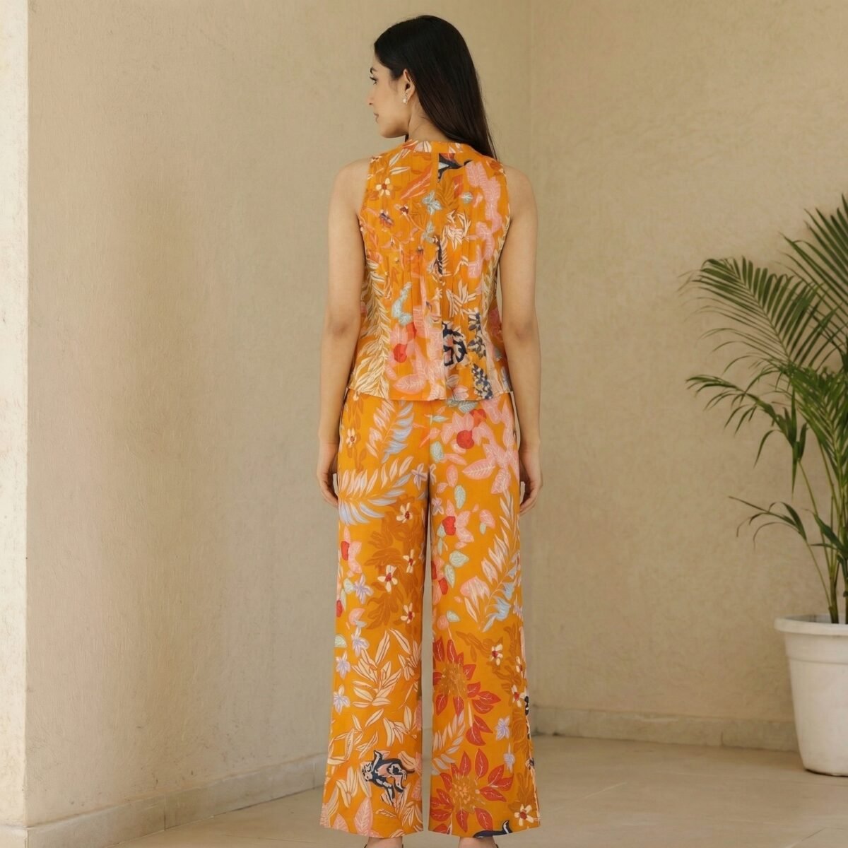 Saffron Orange Floral Sleeveless Top & Wide-Leg Pants Co-Ord Set - Image 3