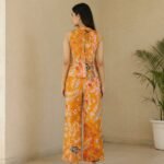 Saffron Orange Floral Sleeveless Top & Wide-Leg Pants Co-Ord Set - Image 3