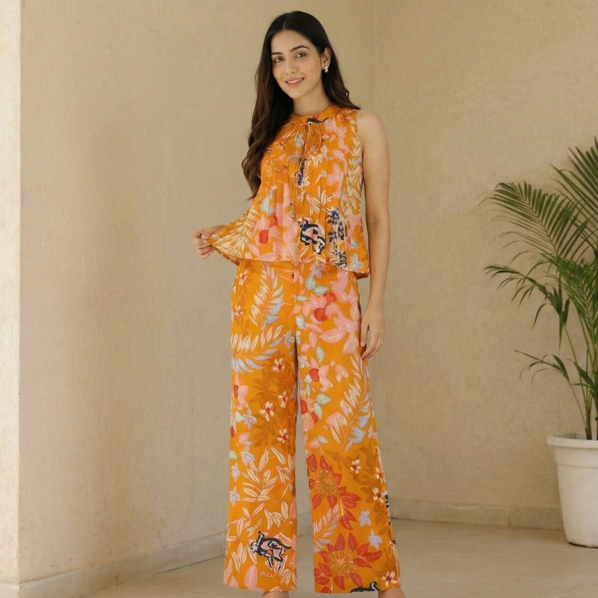Saffron Orange Floral Sleeveless Top & Wide-Leg Pants Co-Ord Set - Image 2