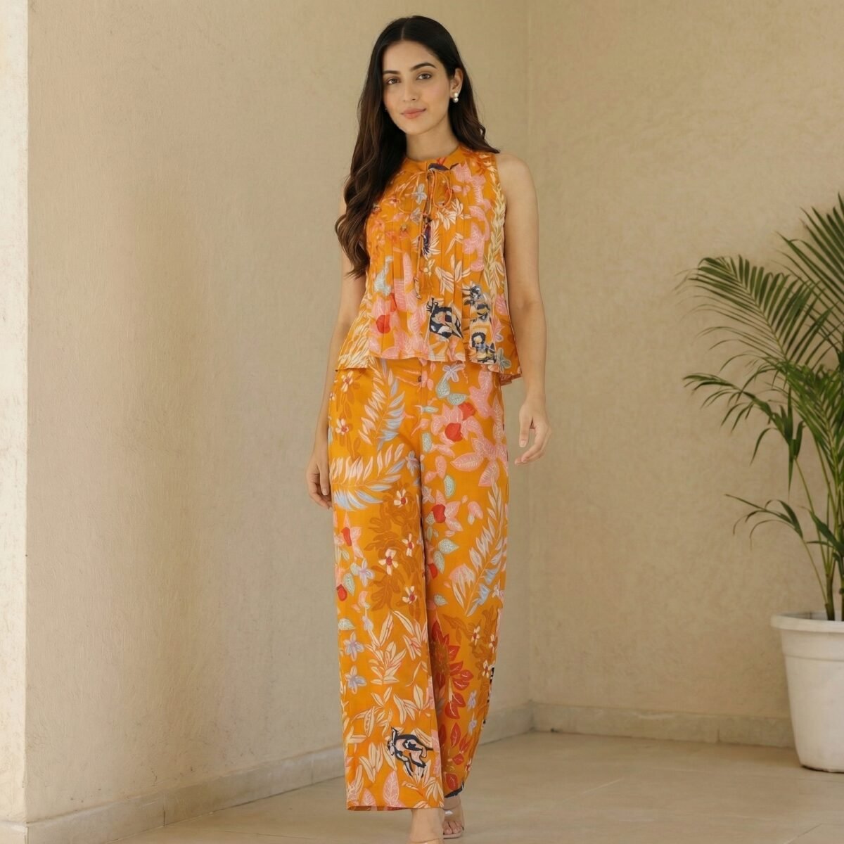 Saffron Orange Floral Sleeveless Top & Wide-Leg Pants Co-Ord Set - Image 4