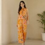 Saffron Orange Floral Sleeveless Top & Wide-Leg Pants Co-Ord Set - Image 4