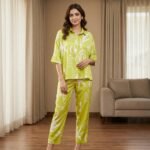 Lime Green Satin Abstract Printed Co-Ord Set – Relaxed Shirt & Ankle Pants - Image 3