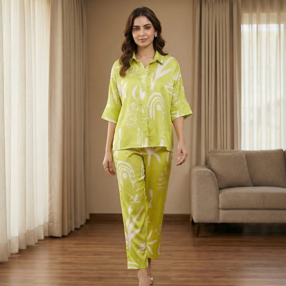 Lime Green Satin Abstract Printed Co-Ord Set – Relaxed Shirt & Ankle Pants - Image 2