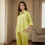 Lime Green Satin Abstract Printed Co-Ord Set – Relaxed Shirt & Ankle Pants - Image 4