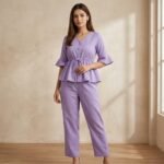 Lavender Crepe Peplum Top & Straight Pant Co-Ord Set