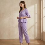Lavender Crepe Peplum Top & Straight Pant Co-Ord Set - Image 4