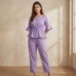 Lavender Crepe Peplum Top & Straight Pant Co-Ord Set - Image 3
