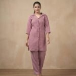 Rose Vertical Stripe Co-Ord Set – Shirt Style Top & Straight Pants